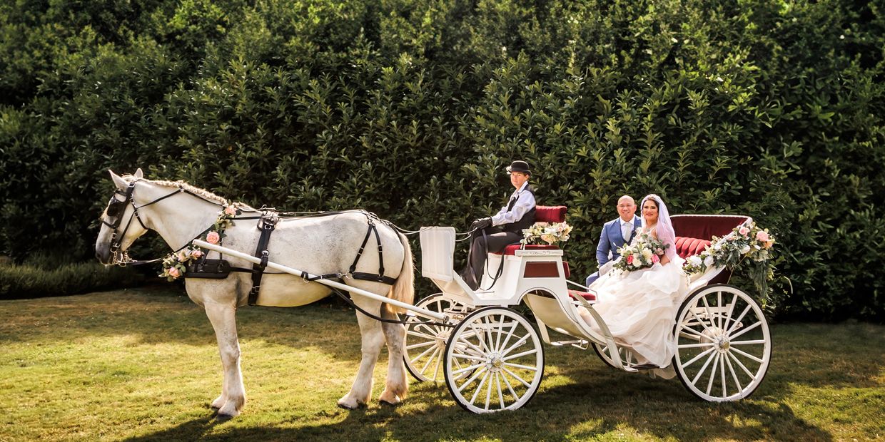 Bride and groom in a horse-drawn carriage with driver.