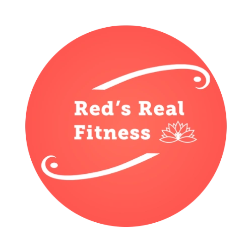 Logo of Red's Real Fitness with a lotus flower on a red circular background.