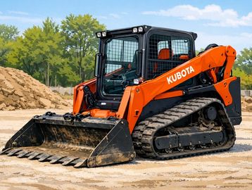 Orange Kubota skid steer loader with tracks on a construction site.