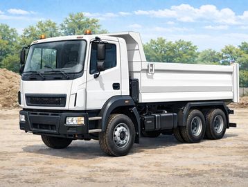 White dump truck parked on a dirt construction site.