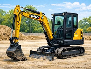 Yellow SANY mini excavator on a construction site.