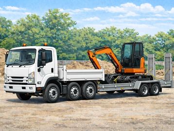 White flatbed truck carrying an orange mini excavator on a trailer.