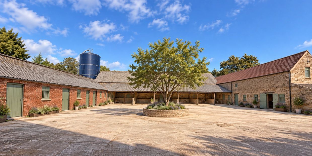 A courtyard with a central tree surrounded by old buildings under a blue sky.