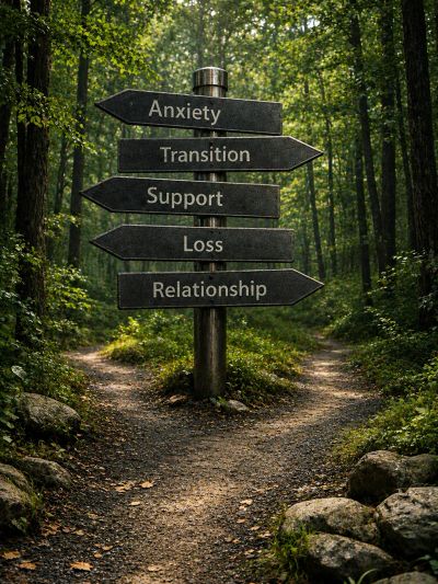 Wooden signpost with mental health terms in a forest path.