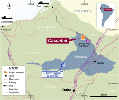 Map highlighting the Cascabel project area in northern Ecuador near Colombia.