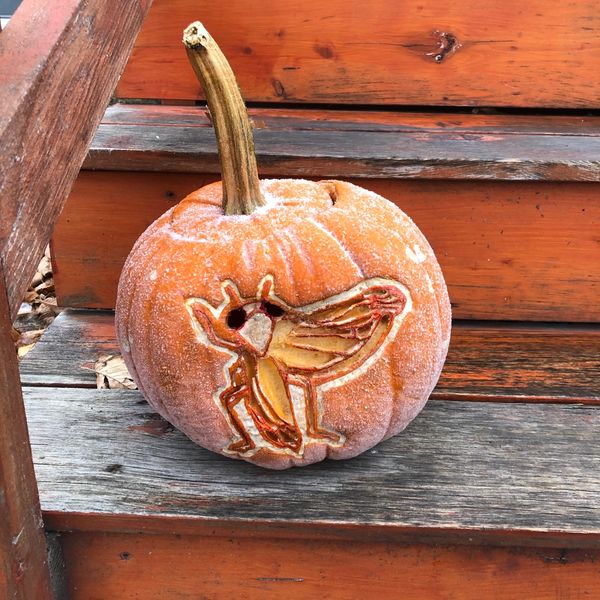 Frost-covered pumpkin with a carved insect design sitting on wooden steps.