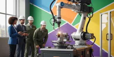 Engineers observing a robotic arm performing welding in a colorful industrial workspace.