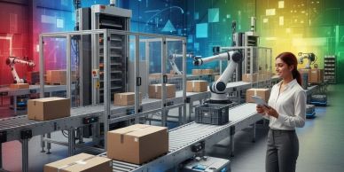 Woman overseeing an automated robotic packaging line in a modern warehouse.