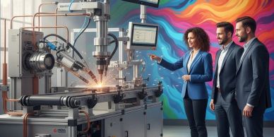 Three professionals observe an automated brazing machine in a vibrant, modern workspace.