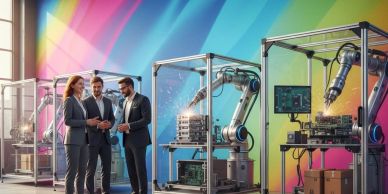 Three professionals discuss automation in a vibrant tech lab with robotic arms welding.