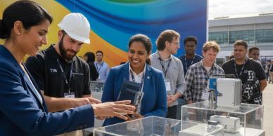 Group of professionals examining technology exhibits outdoors at a conference.