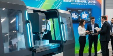 Industrial CNC machine on display with professionals discussing in front of a colorful tech booth.