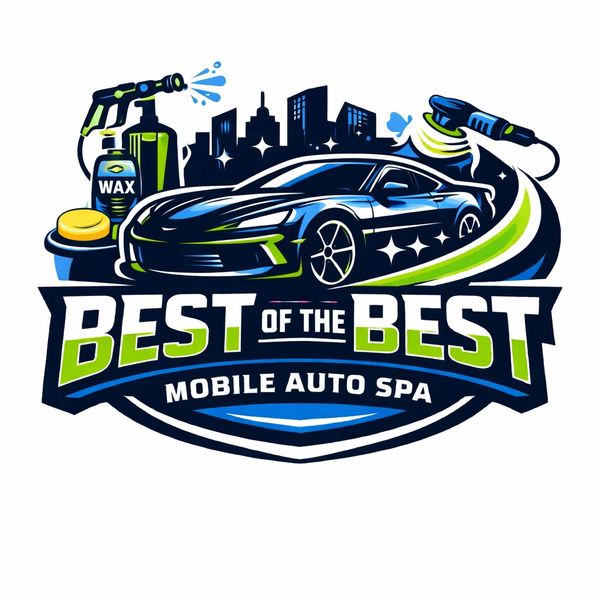 Logo for Best of the Best Mobile Auto Spa with a sleek car and cleaning tools.