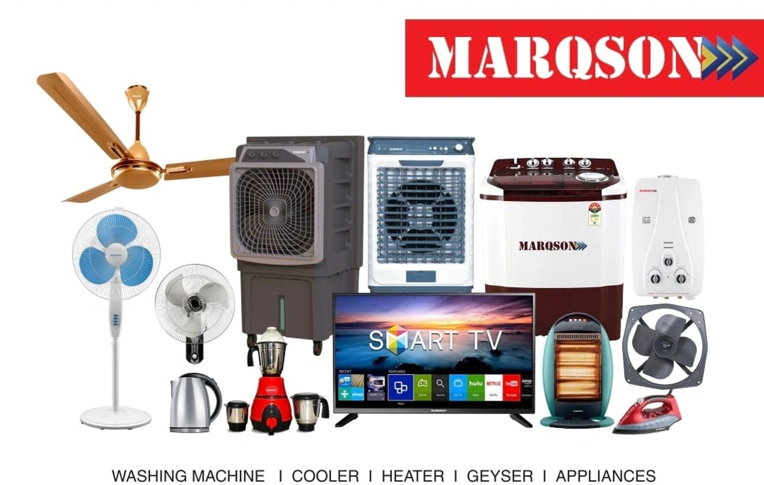 Various home appliances including fans, cooler, washing machine, smart TV, and kitchen appliances.