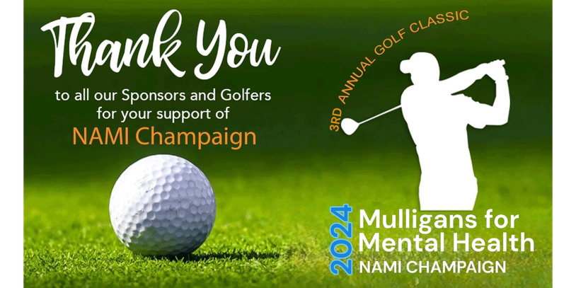 Graphic thanking sponsors and golfers for supporting NAMI Champaign Mulligans for Mental Health.