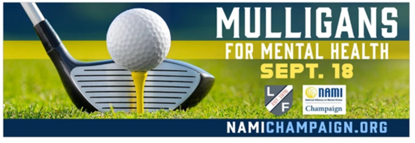 NAMI Champaign 2025 Mulligans for Mental Health golf outing billboard advertisement.