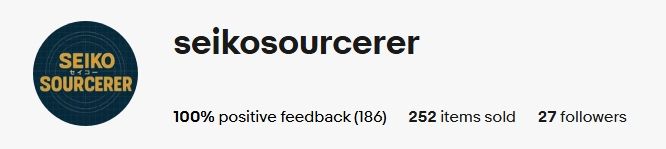 Seikosourcerer shop stats showing positive feedback, items sold, and followers.