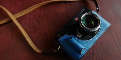 Leica camera in Arte Di Mano Blue case
