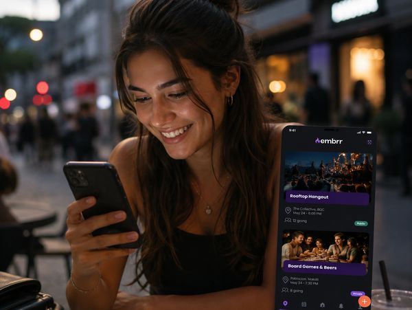 A woman happily checking social event app on her phone outdoors at night.