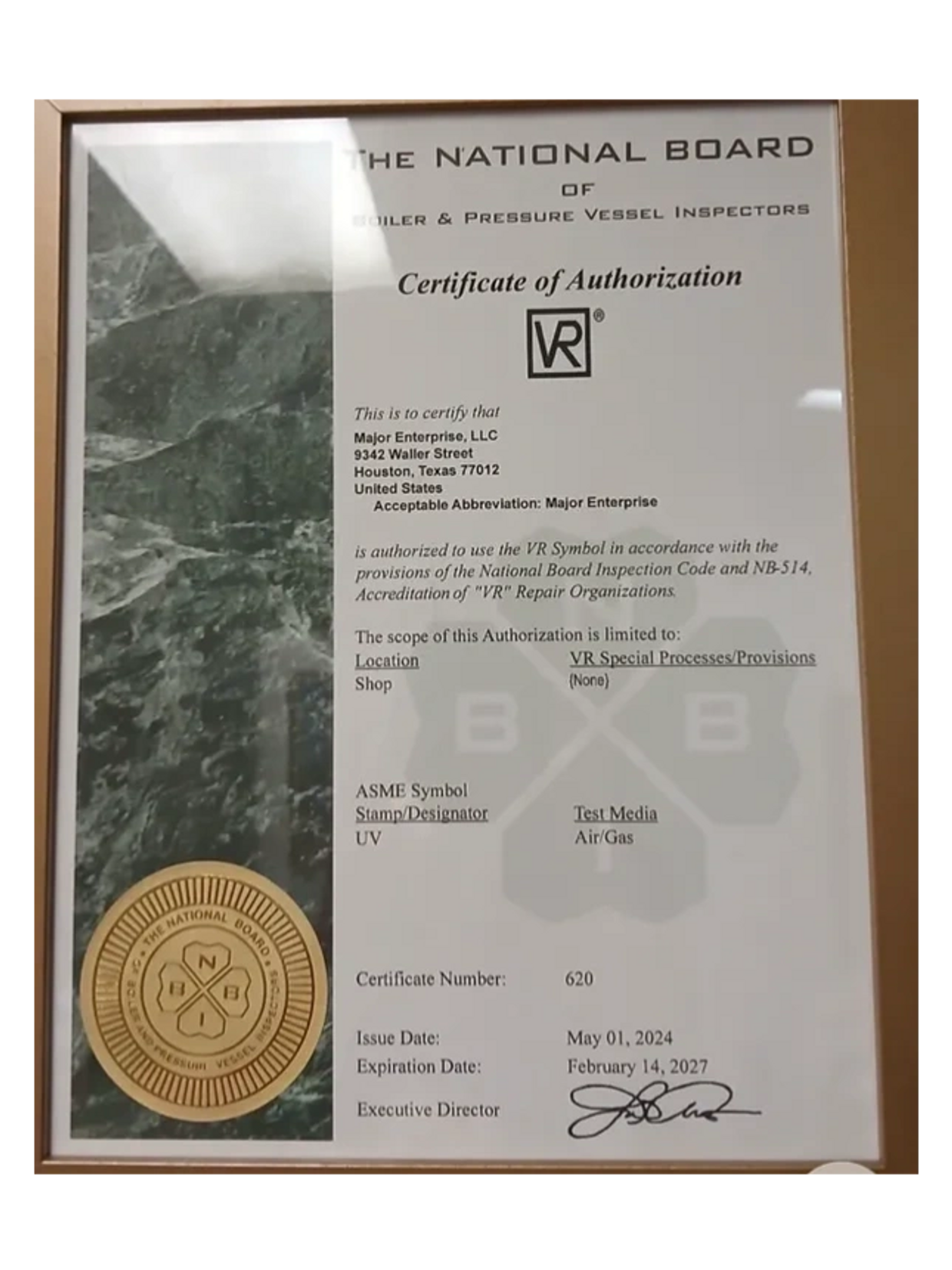 Certificate of Authorization from the National Board for Major Enterprise, LLC in Houston, Texas.
