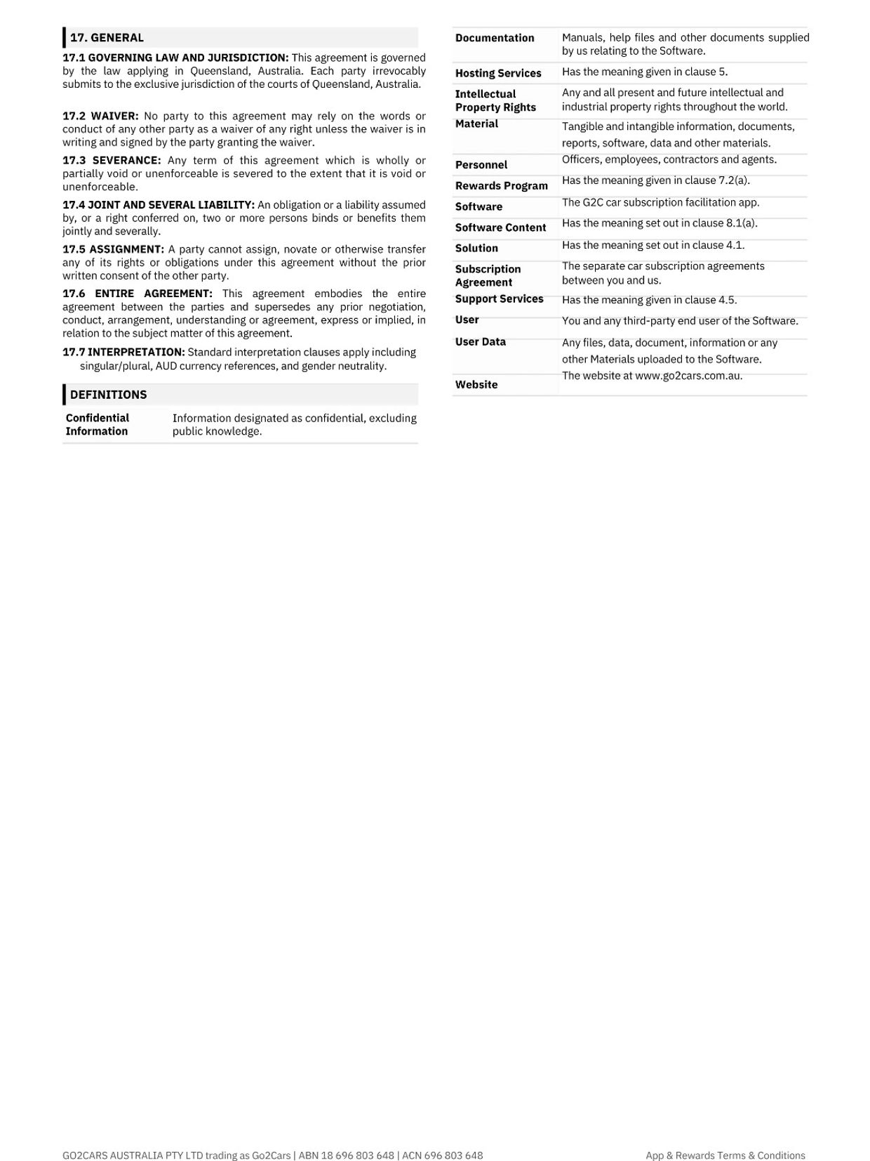 Terms and conditions text regarding governing law and confidentiality.