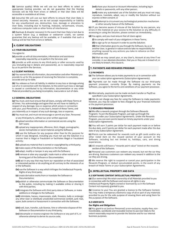 Terms and conditions excerpt outlining service quality, client obligations, payments, rewards, and intellectual property.