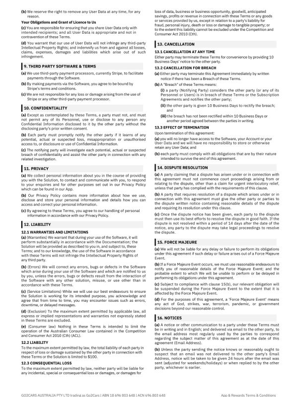 Page discussing software terms, cancellation policies, confidentiality, and force majeure.
