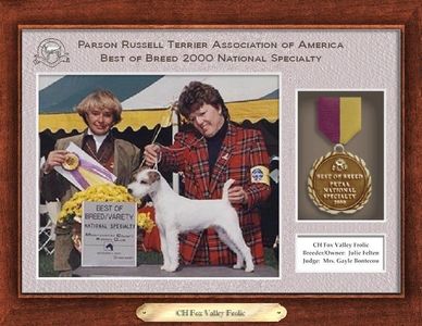 Award-winning Parson Russell Terrier named CH Fox Valley Frolic with owner and judge at 2000 National Specialty.