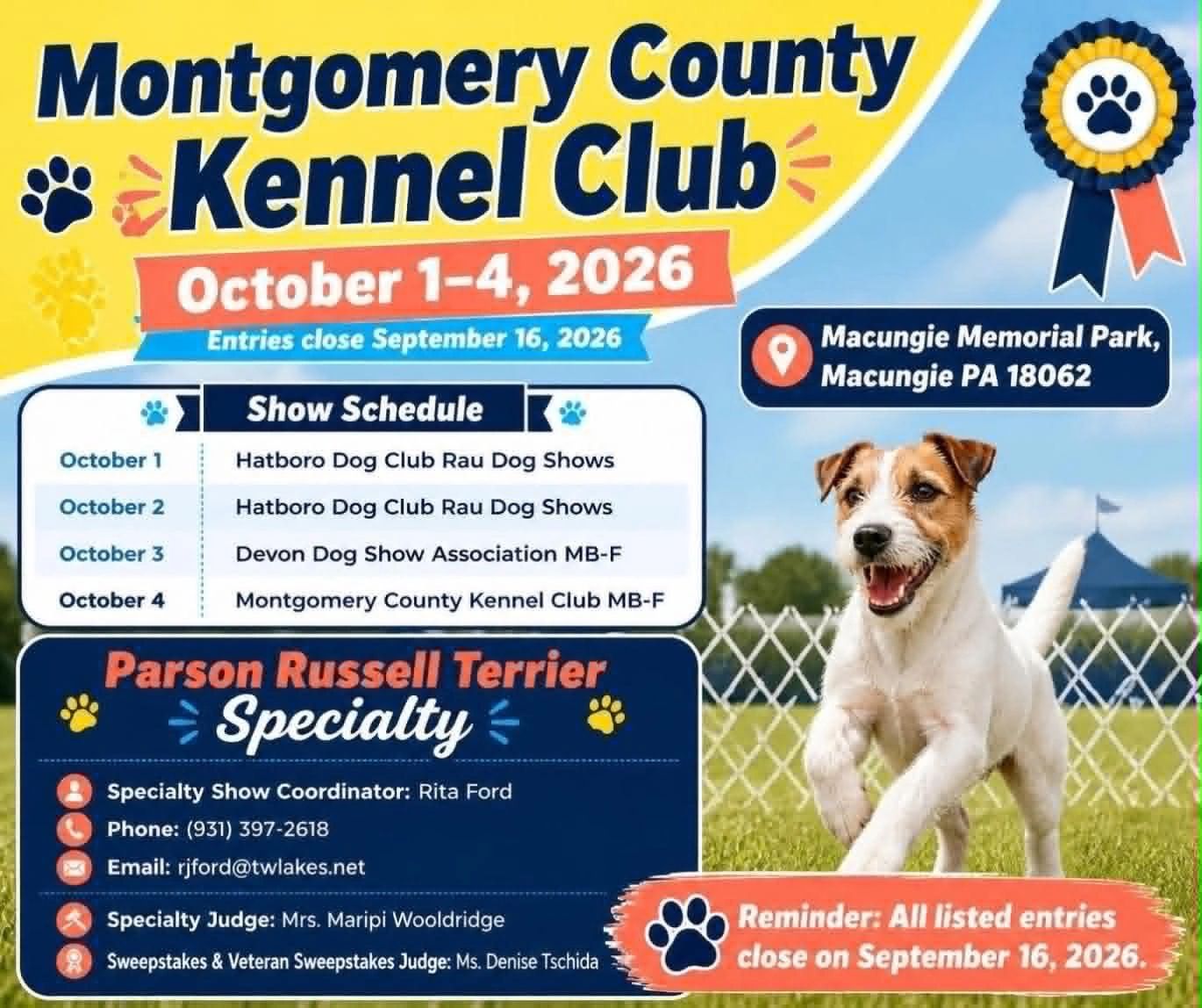 Montgomery County Kennel Club dog show, October 1-4, 2026, Macungie PA.