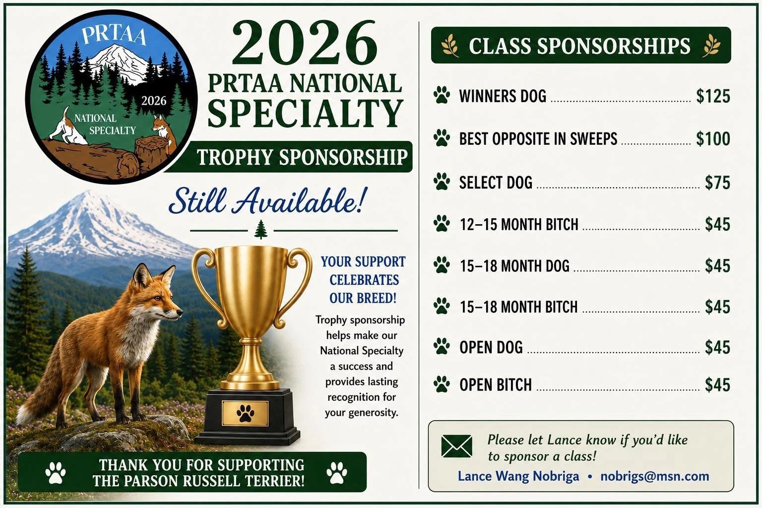 2026 PRTAA National Specialty trophy sponsorships for Parson Russell Terrier dog show classes.