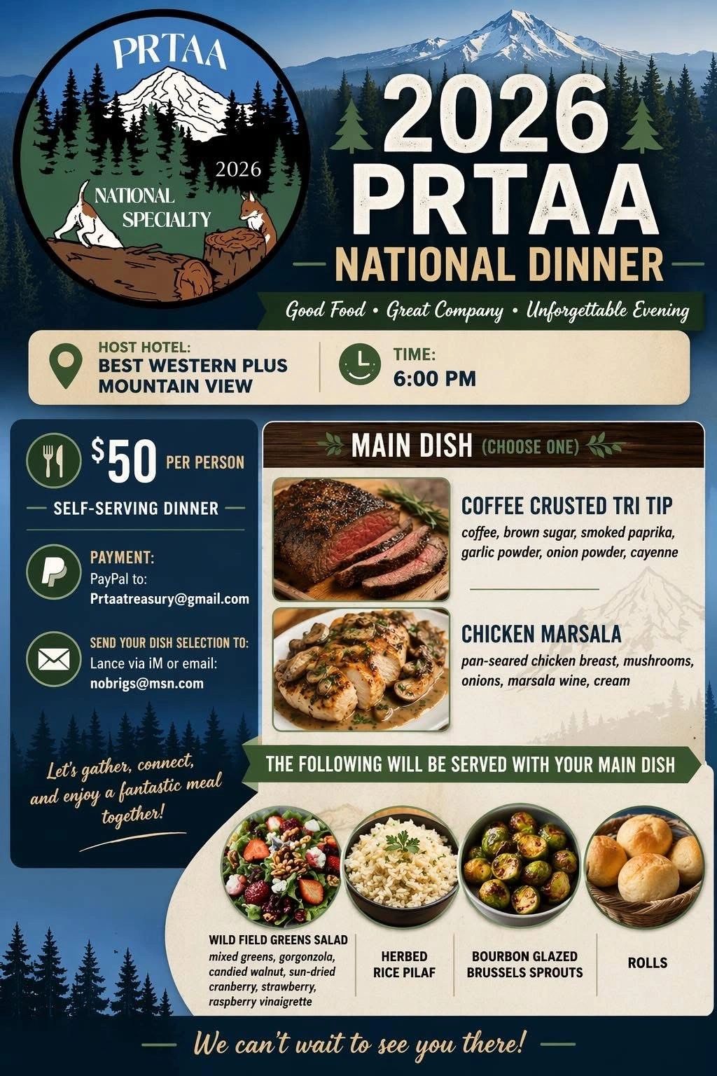 2026 PRTAA National Dinner event details with menu and payment info.