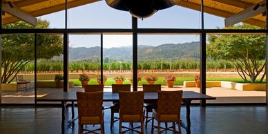 Napa Valley home interior with view of vineyards
