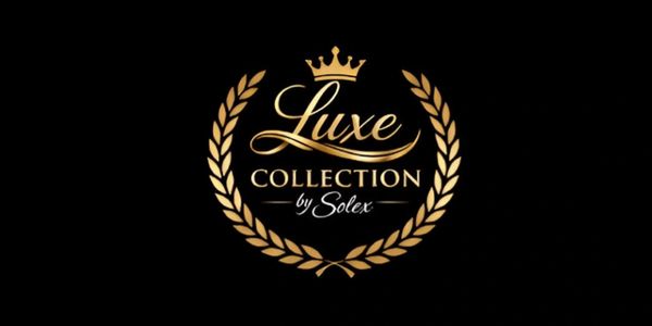 Elegant Luxe Collection by Solex logo with gold laurel wreath and crown on black background.