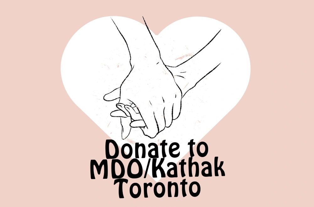 Illustration of two hands holding with a call to donate to MDO/Kathak Toronto.