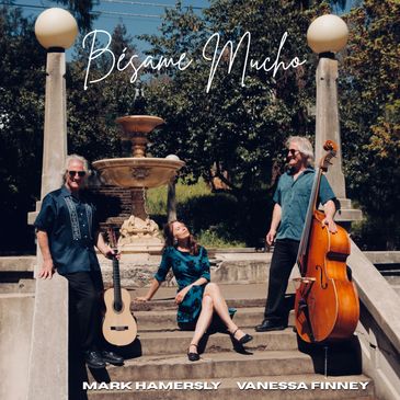 Musicians posing on outdoor steps with instruments under sunny skies.