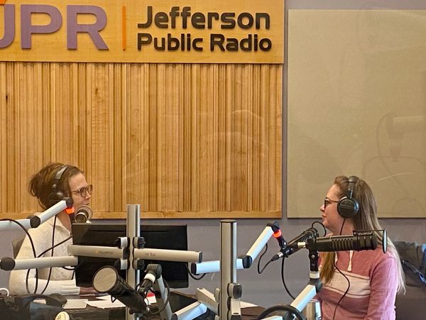 Two women hosting a radio show at Jefferson Public Radio studio.