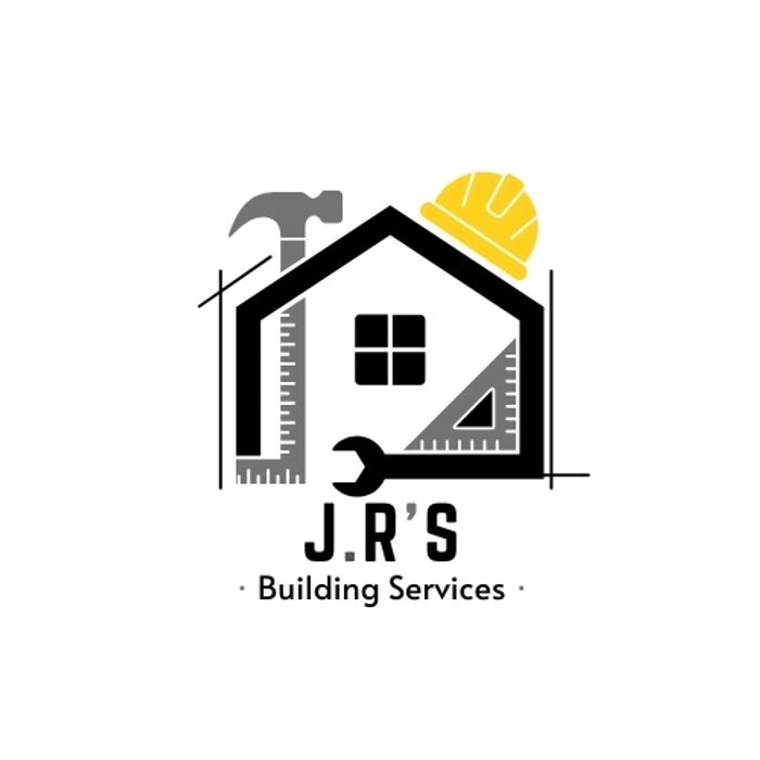 Logo featuring a house with construction tools and a helmet for J.R's Building Services.