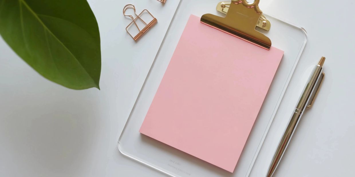 Pink sticky notes on clipboard with pen and leaf.