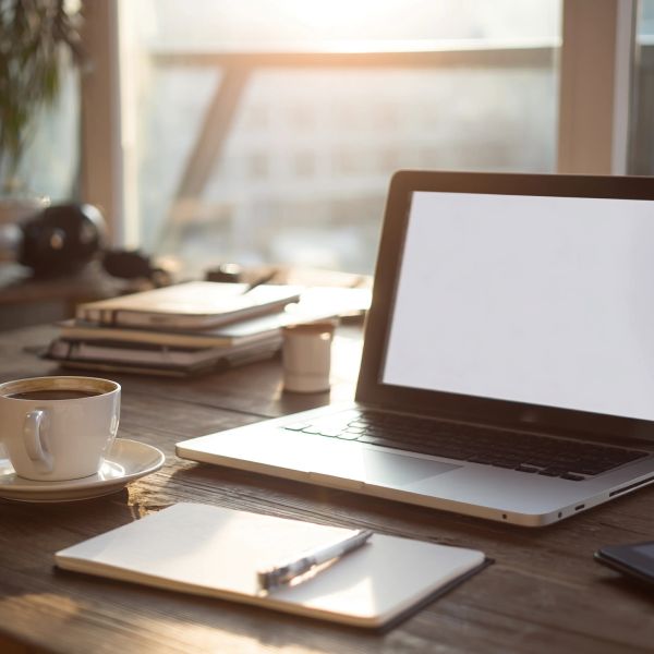 Laptop, coffee cup, and notebook on a sunlit wooden desk.