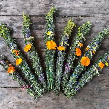 healing smudge bundles creating with plants from the land at Twin Pond Healing Sanctuary 