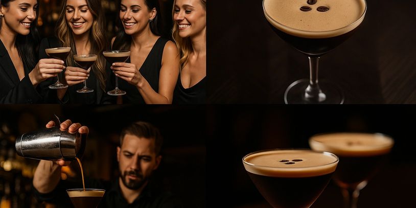 Friends enjoying espresso martinis in a cozy bar setting.