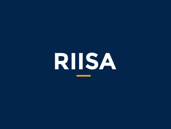 Logo with the text 'RIISA' and a small orange underline on a dark blue background.