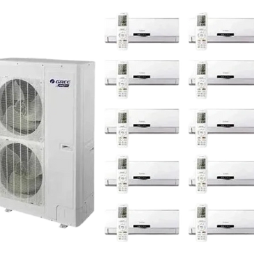 Multi-split air conditioning system with one outdoor unit and ten indoor units with remotes.