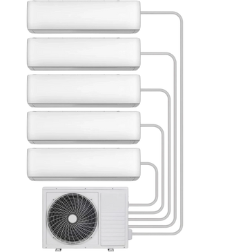 Multi-split air conditioning system with one outdoor unit and five indoor units.