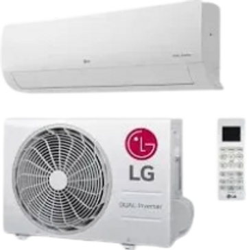 LG split air conditioner with indoor unit, outdoor compressor, and remote control.