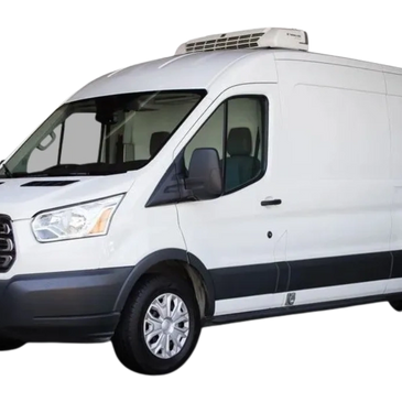 White refrigerated delivery van with black trim and California plate.
