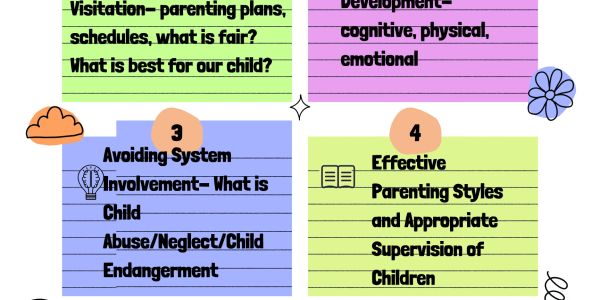 Colorful note cards with parenting and child development topics.