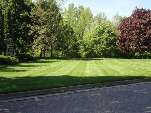Manicured lawn with trees and a church sign beside a street.