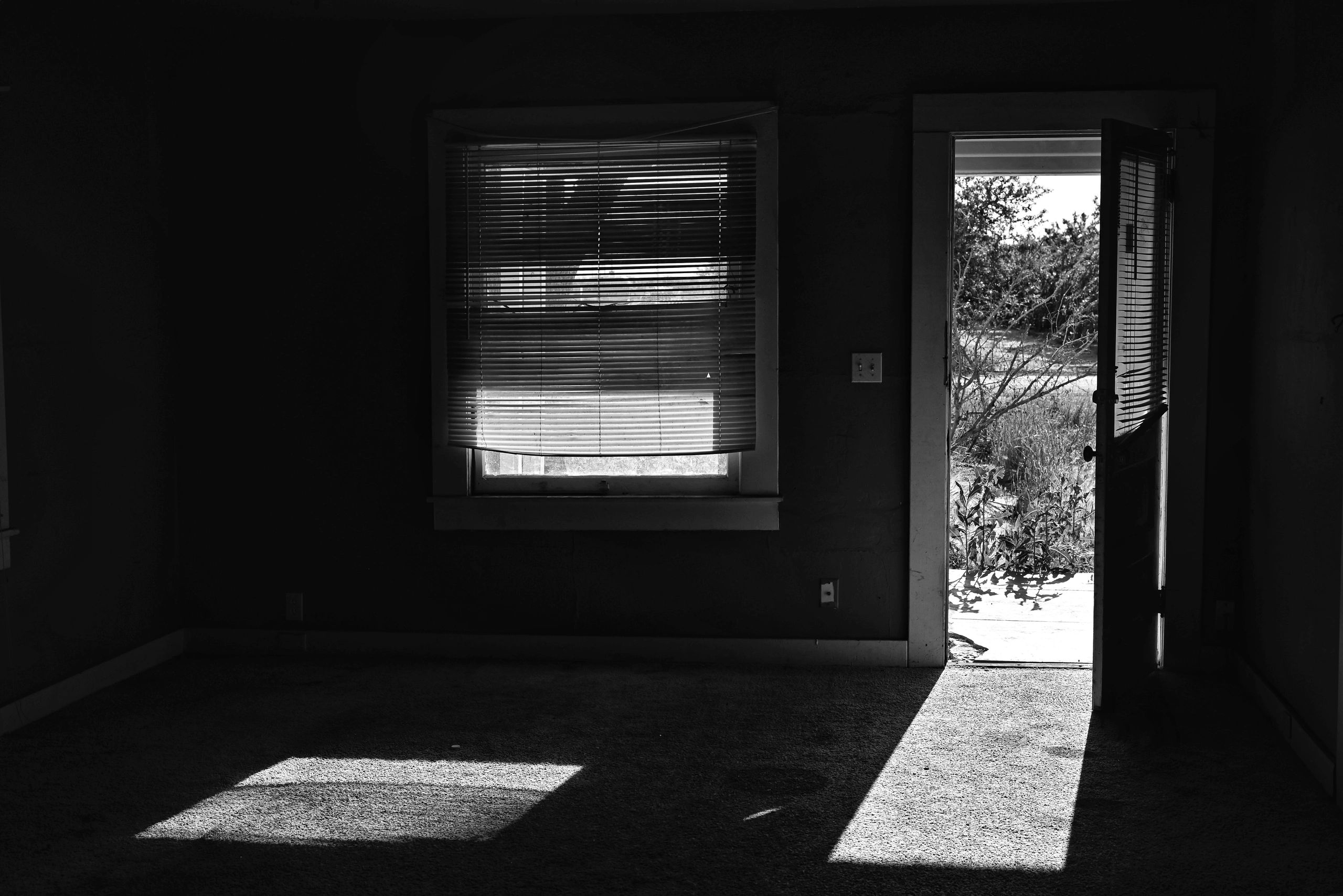 Sunlight streams through a window and open door into a dark room.