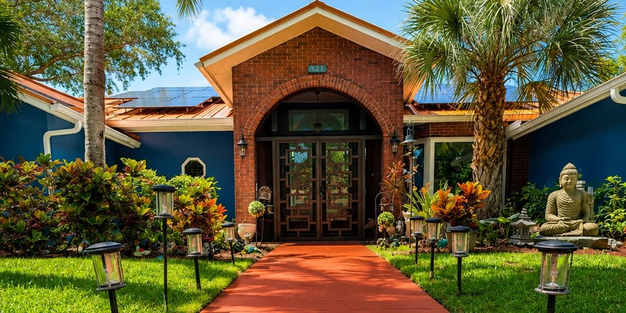 Front entrance of a house with solar panels and garden lights.